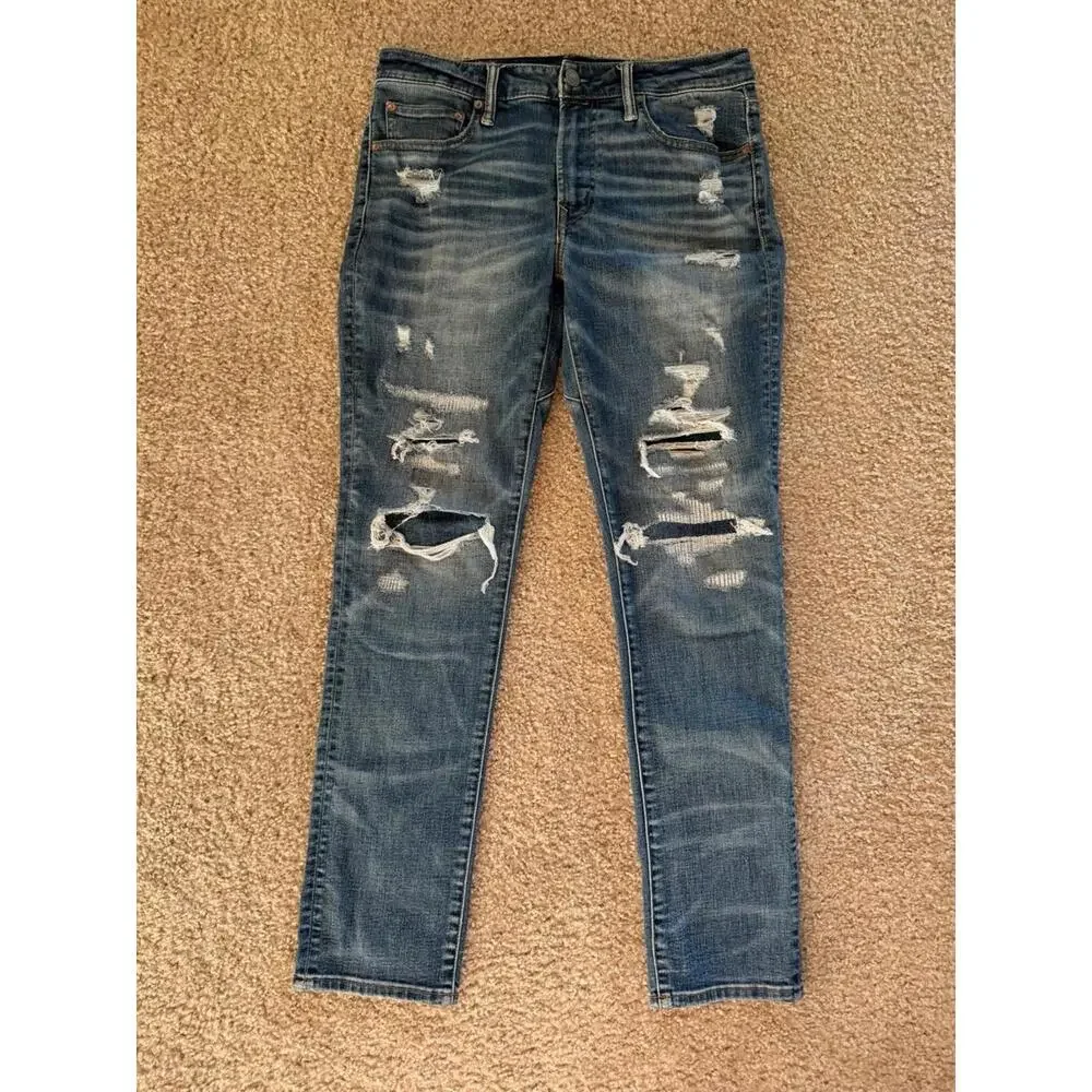 American Eagle Airflex+ Patched Ripped Slim Straight Jeans Men’s 32x32 Blue Dist - Picture 1 of 8